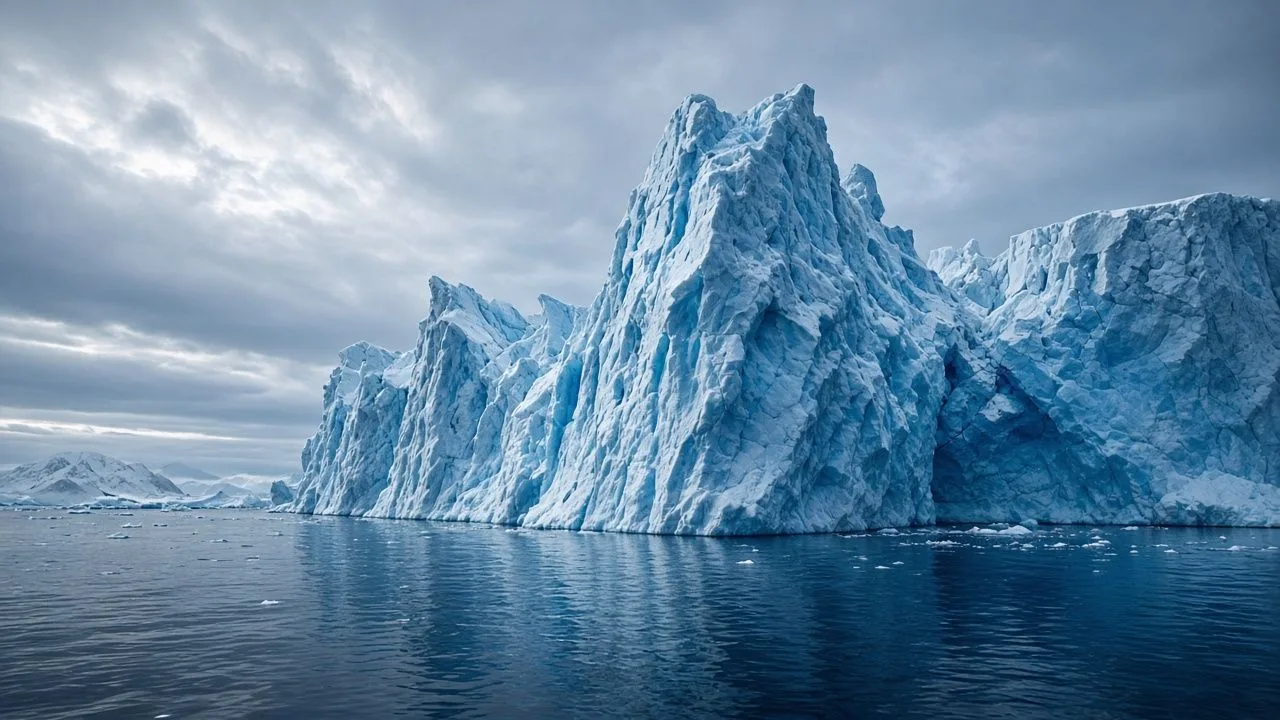 Icebergs. Blue icebergs floating in calm polar water.