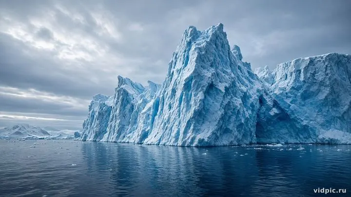 Blue icebergs floating in calm polar water.