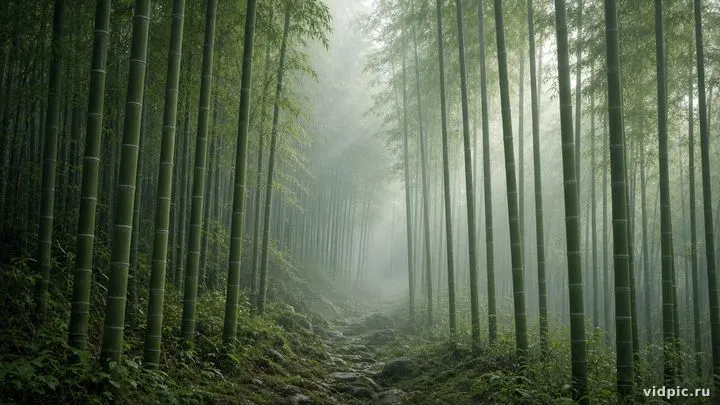 Tall bamboo stalks in soft fog.