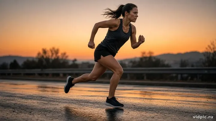 A runner sprinting on wet asphalt in morning light.