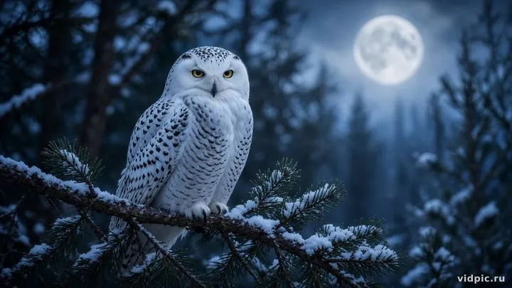 A snowy owl on a pine branch in a moonlit forest.