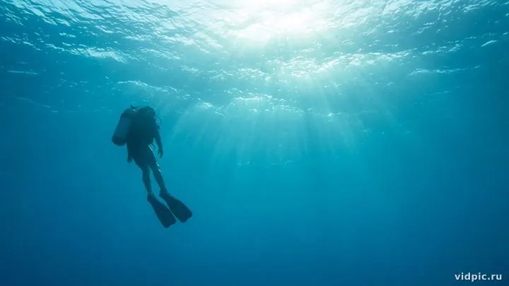 A diver silhouette in turquoise water under sunrays.