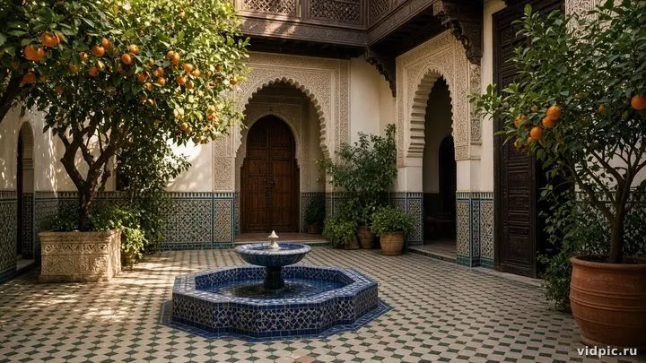 A Moroccan courtyard with fountain, tiles and orange trees.
