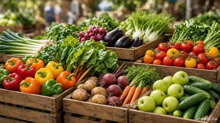 Colorful produce arranged in wooden crates.