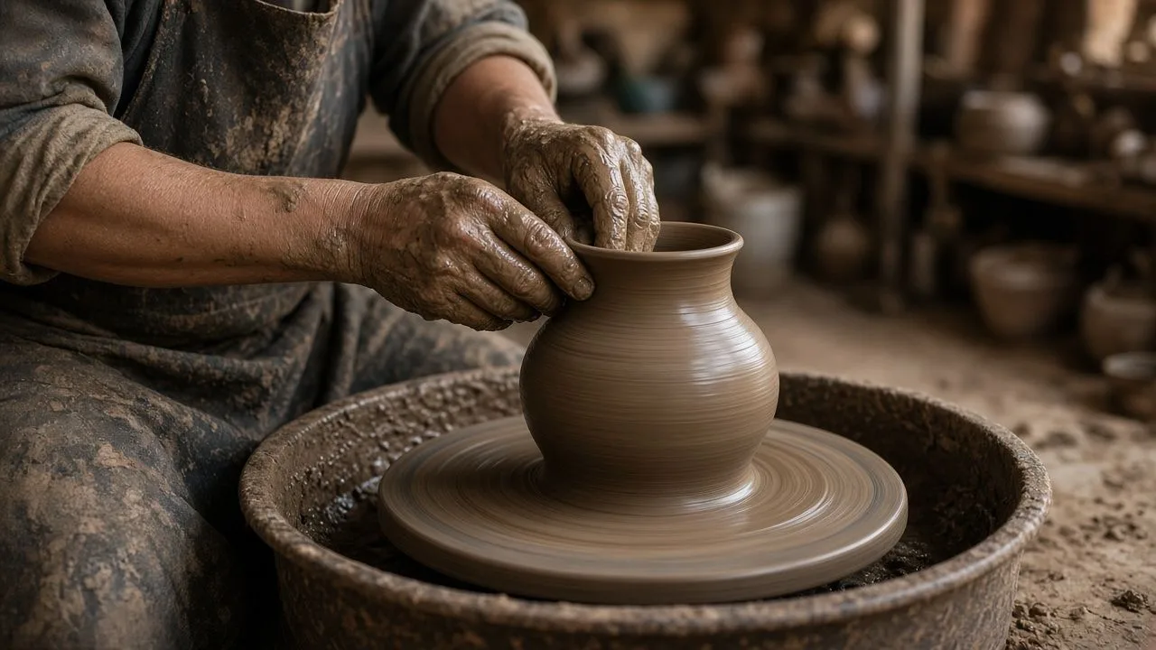Pottery wheel. Artisan hands shaping clay on a spinning wheel.
