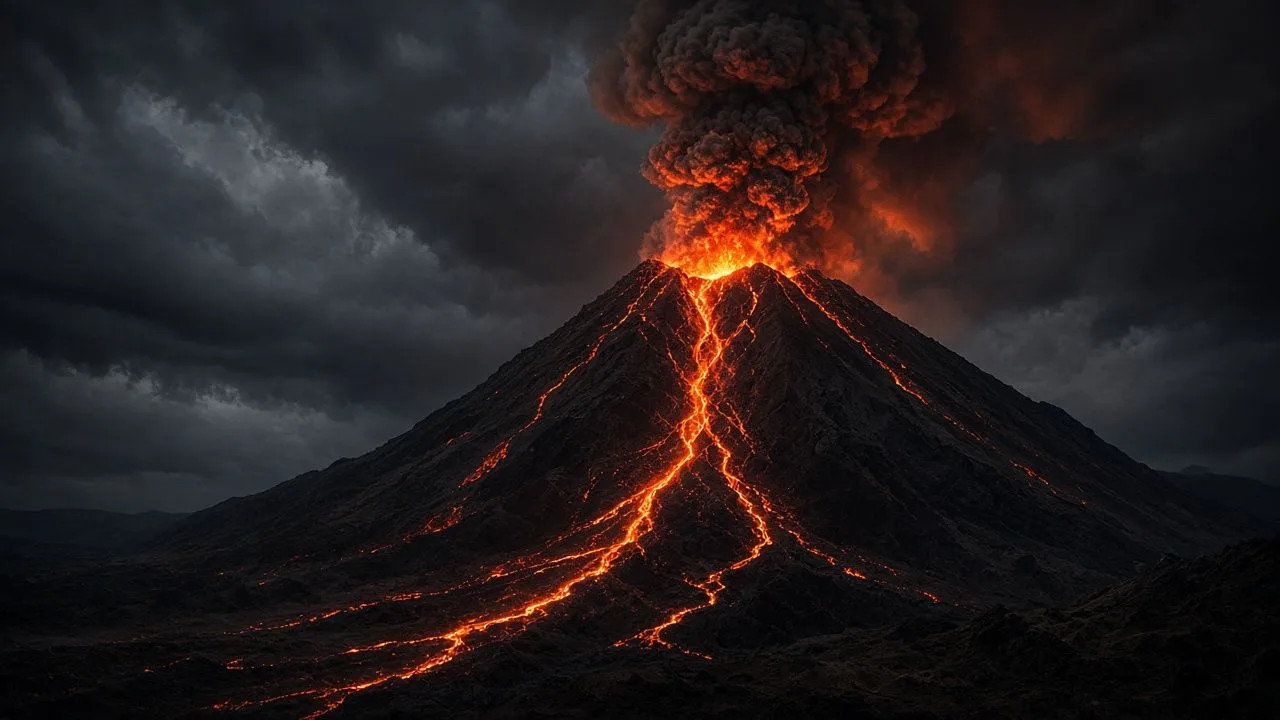 Night volcano eruption. Lava rivers on a dark slope and an ash plume under a stormy sky.