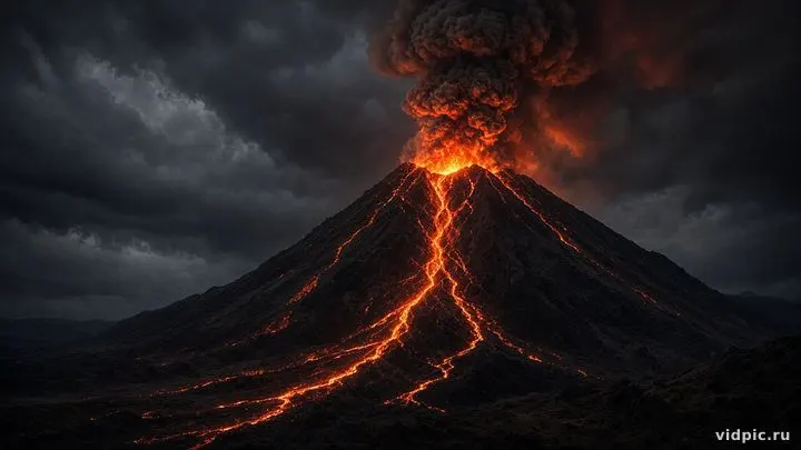 Lava rivers on a dark slope and an ash plume under a stormy sky.