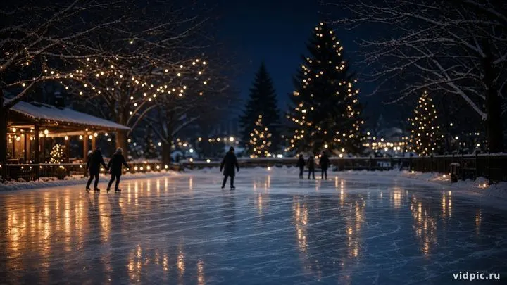 An outdoor rink with soft lights on ice.