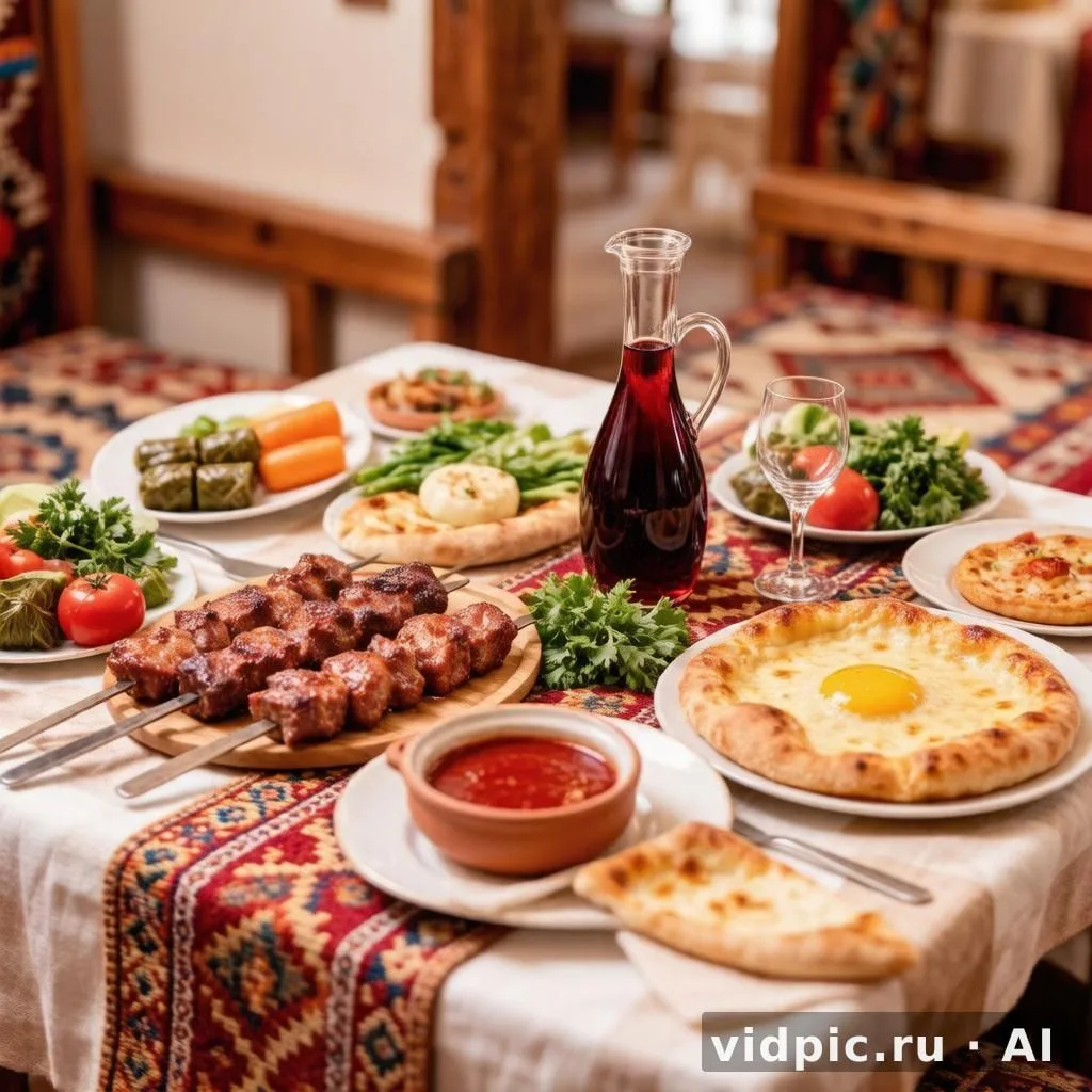 Caucasian table with kebabs and vegetables. A table is set with appetizing Caucasian cuisine: kebabs, flatbreads, sauce, and fresh vegetables.