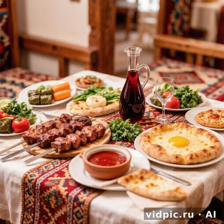 Кавказский стол с шашлыком и овощами. На столе разложены аппетитные блюда кавказской кухни: шашлык, лепёшки, соус и свежие овощи.