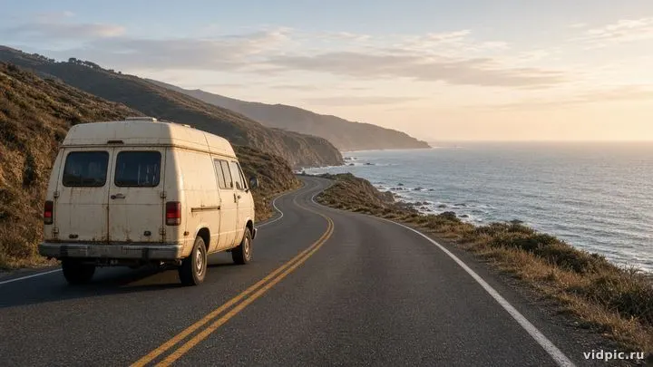 A vintage camper on a coastal highway.