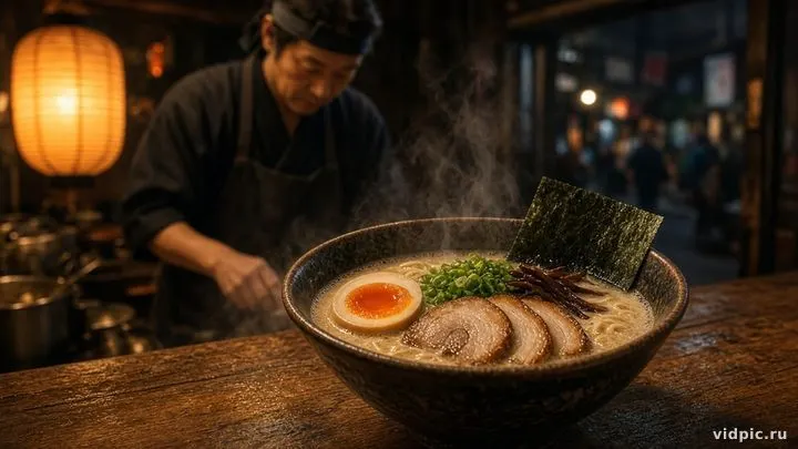 A steaming ramen bowl at a night street stall.