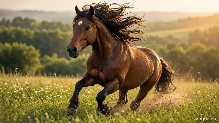 A powerful gallop across a green meadow.