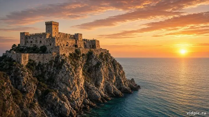 A stone fortress on a cliff in golden sunset light.