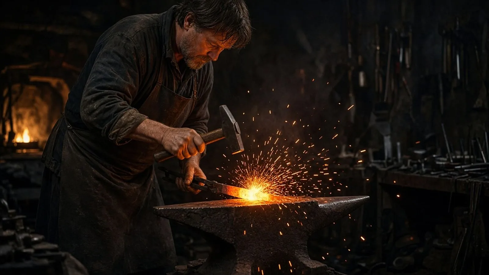 Blacksmith forge. Sparks over an anvil in a dark workshop.