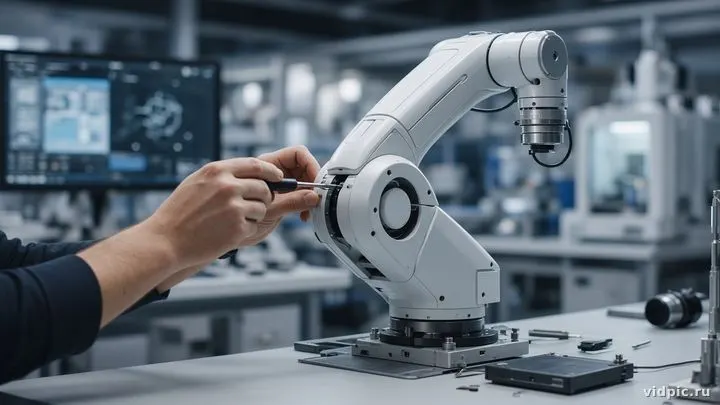 Engineer hands adjusting a robotic arm.
