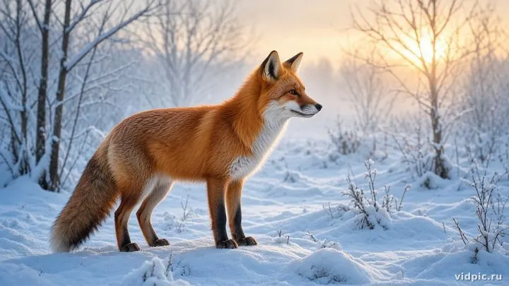 A red fox in a snowy clearing at dawn.