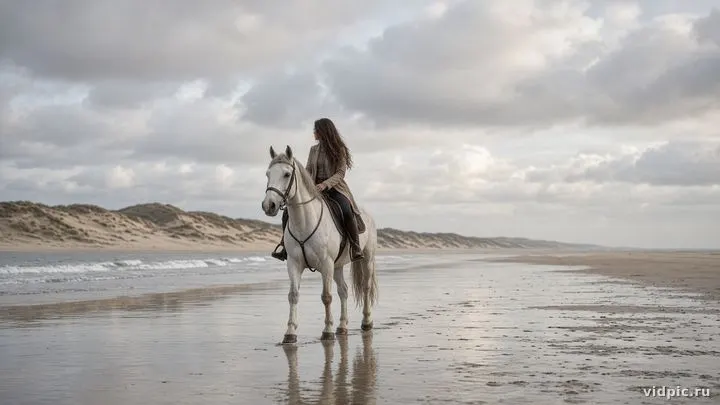 A rider on a white horse along wet sand.