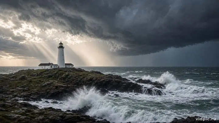 A white lighthouse on rocks amid waves and dark clouds.