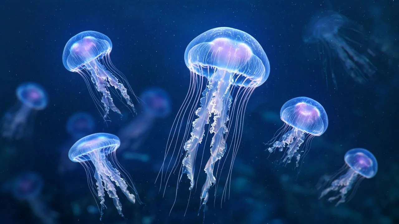 Jellyfish aquarium. Glowing jellyfish floating in deep blue water.