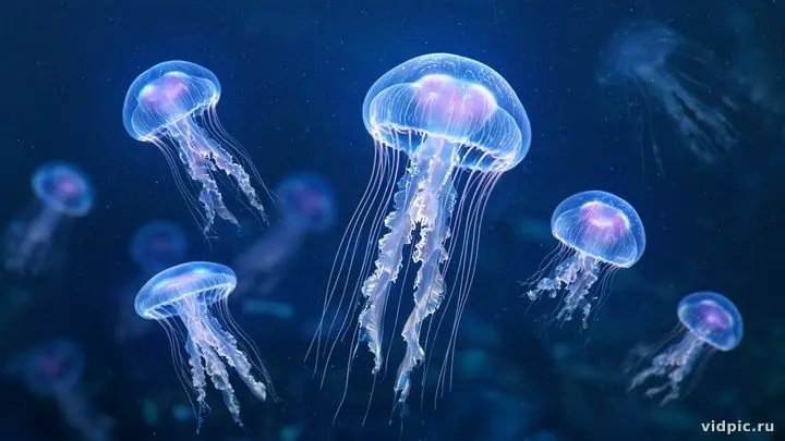 Glowing jellyfish floating in deep blue water.