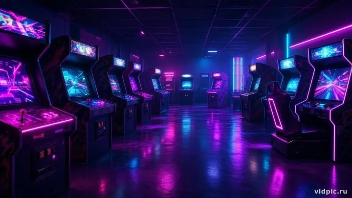 Glowing cabinets and colorful floor reflections.