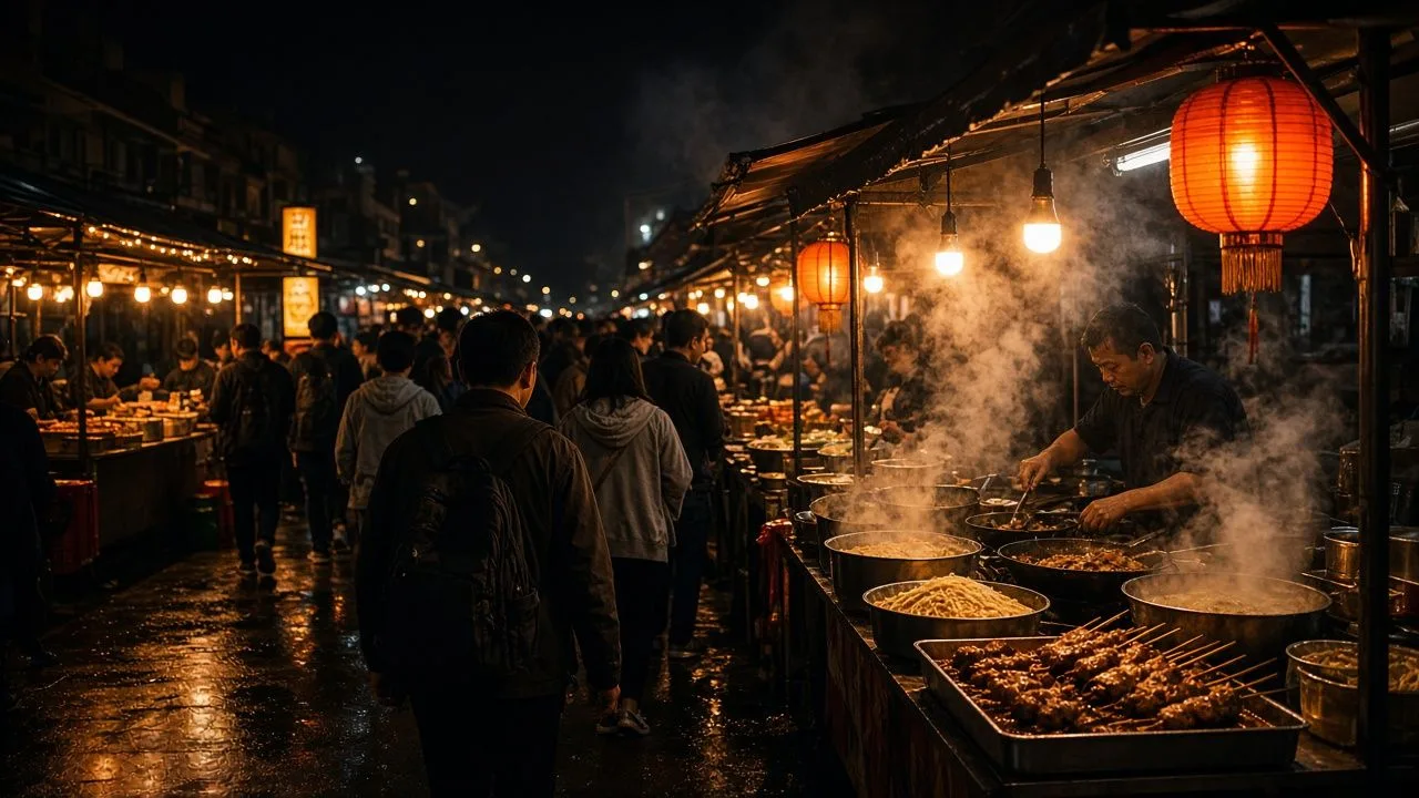Night food market. Glowing street stalls and steam over night food.