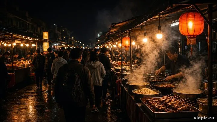 Glowing street stalls and steam over night food.
