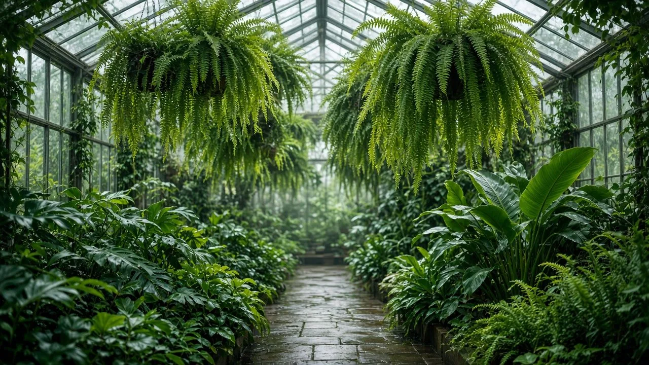 Greenhouse. Lush greenery under a glass roof in soft light.