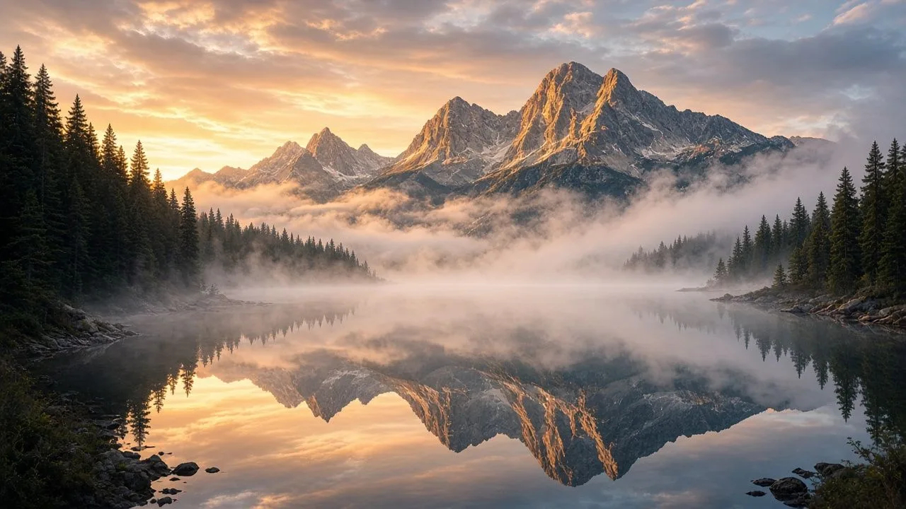 Misty lake at sunrise. A mirror-still mountain lake in golden sunrise light.