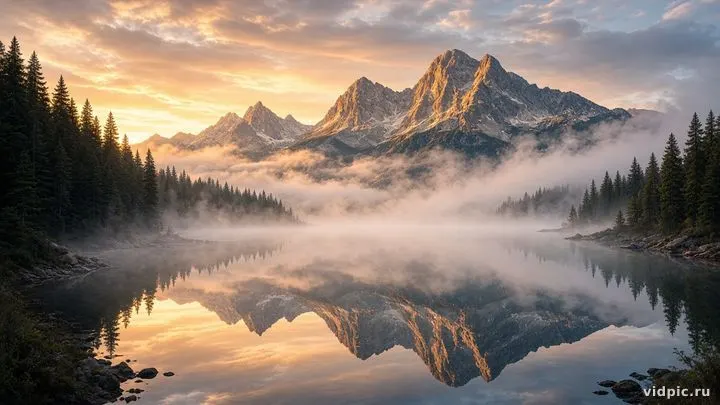 A mirror-still mountain lake in golden sunrise light.