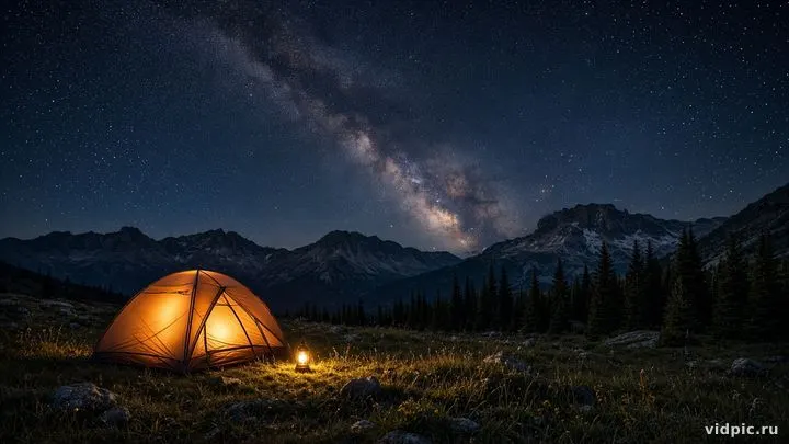 A glowing tent beneath the Milky Way.
