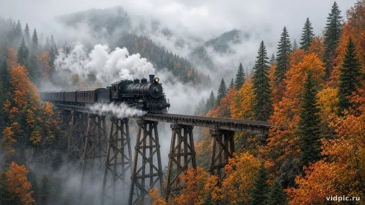 A vintage steam train on a trestle through autumn mist.