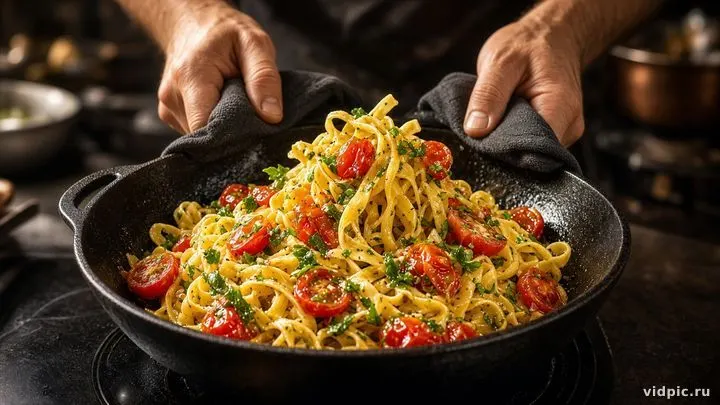 Fresh pasta with herbs in warm kitchen light.