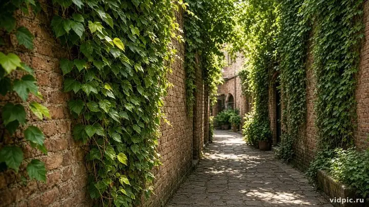 A narrow brick passageway covered in ivy.