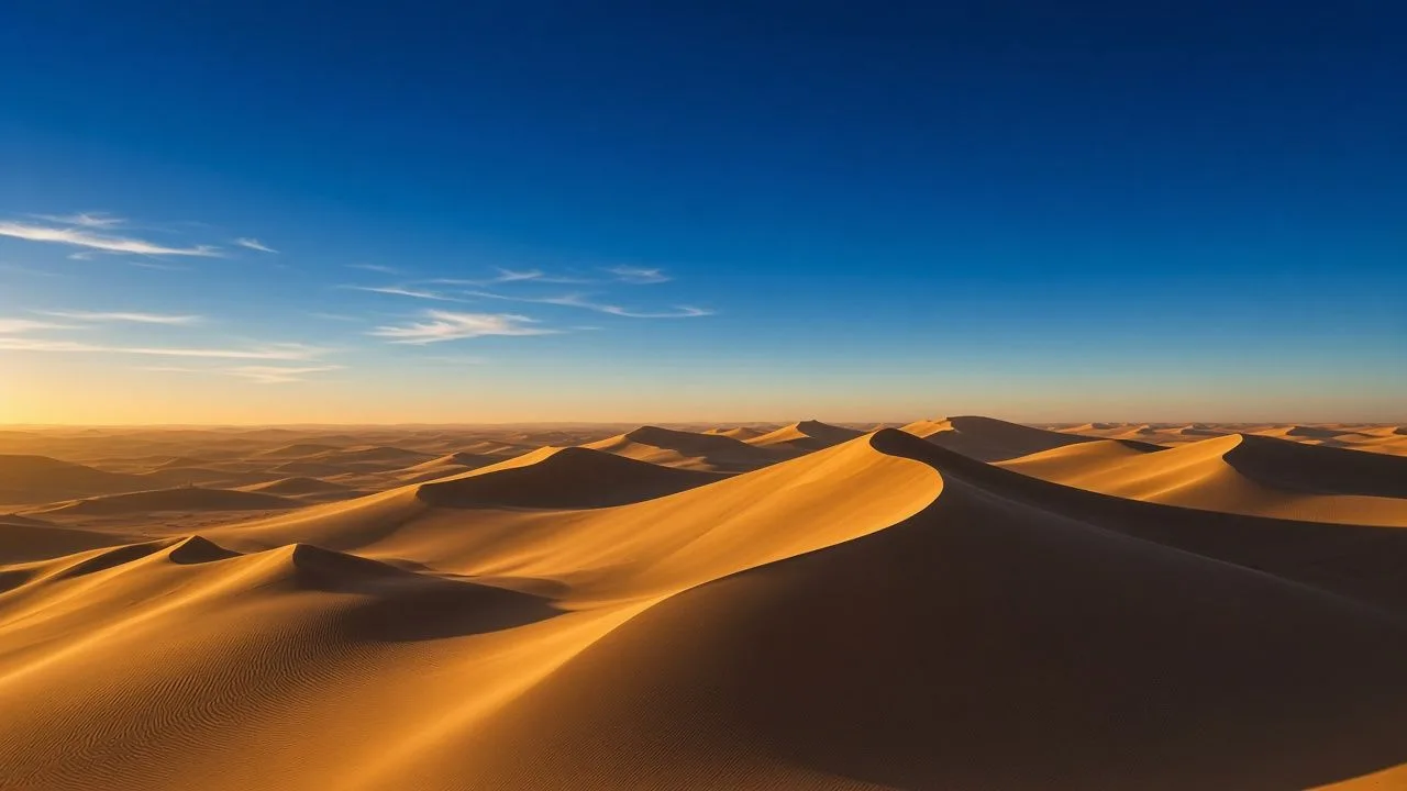 Sand dunes. Golden dunes with sharp ridgelines at golden hour.