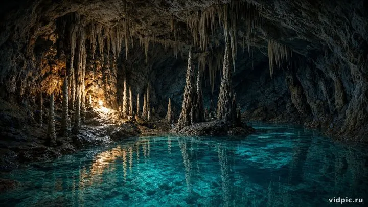 A limestone cave with a turquoise underground pool.