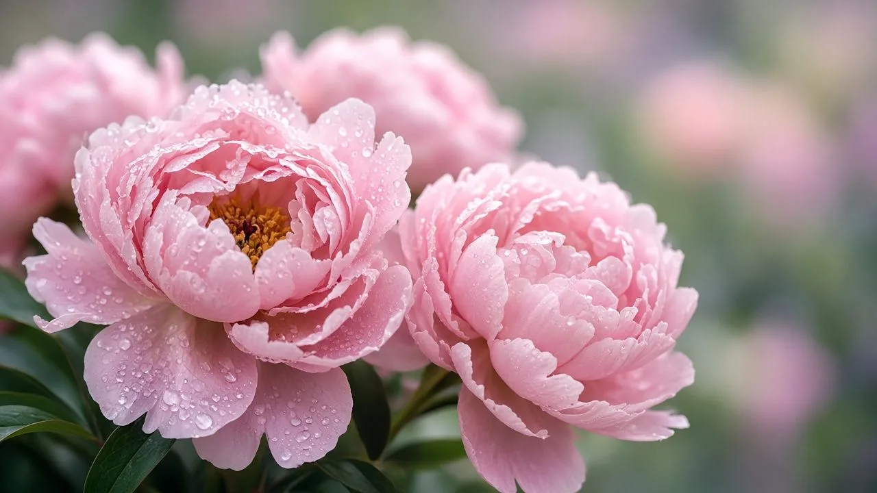 Peonies with dew. Soft pink peonies in close-up with gentle light.