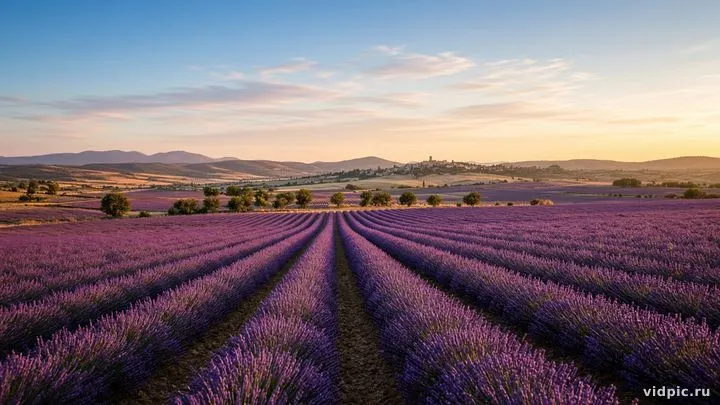 Purple lavender rows in golden hour light.