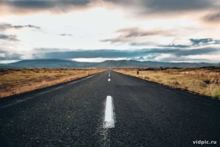 Road in the field under cloudy sky. An asphalt road stretches through a golden field towards the horizon where mountains can be seen.