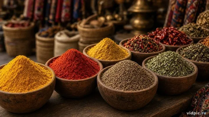 Colorful mounds of turmeric, paprika and herbs at a bazaar.
