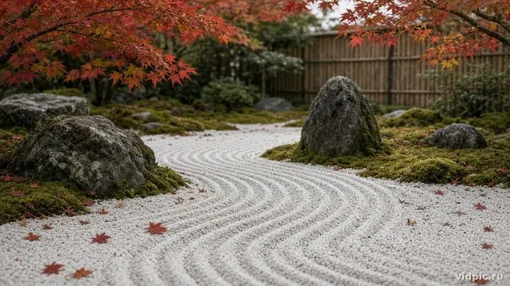 Raked gravel, stones and moss in a Japanese garden.