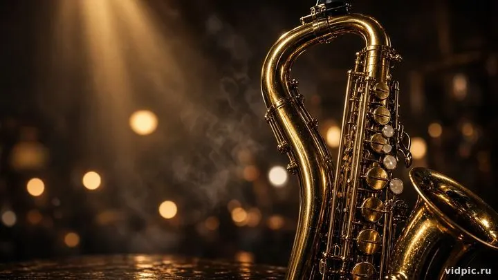 A golden saxophone in warm jazz-club light.