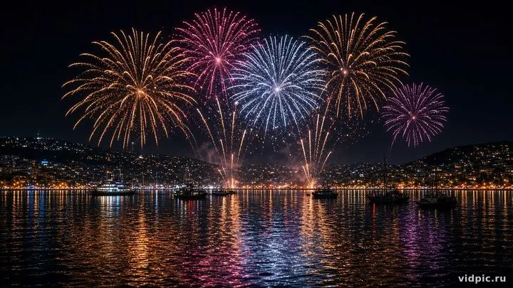 Firework bursts over boats and water reflections.