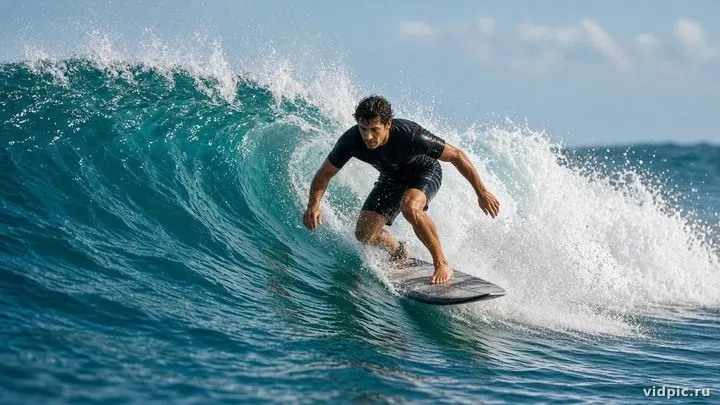 A dynamic surfing shot on a turquoise wave.