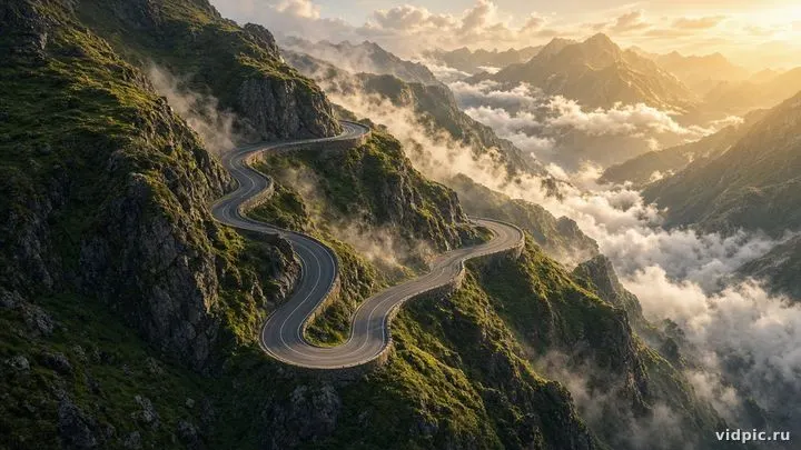 A winding mountain highway among cliffs and clouds.