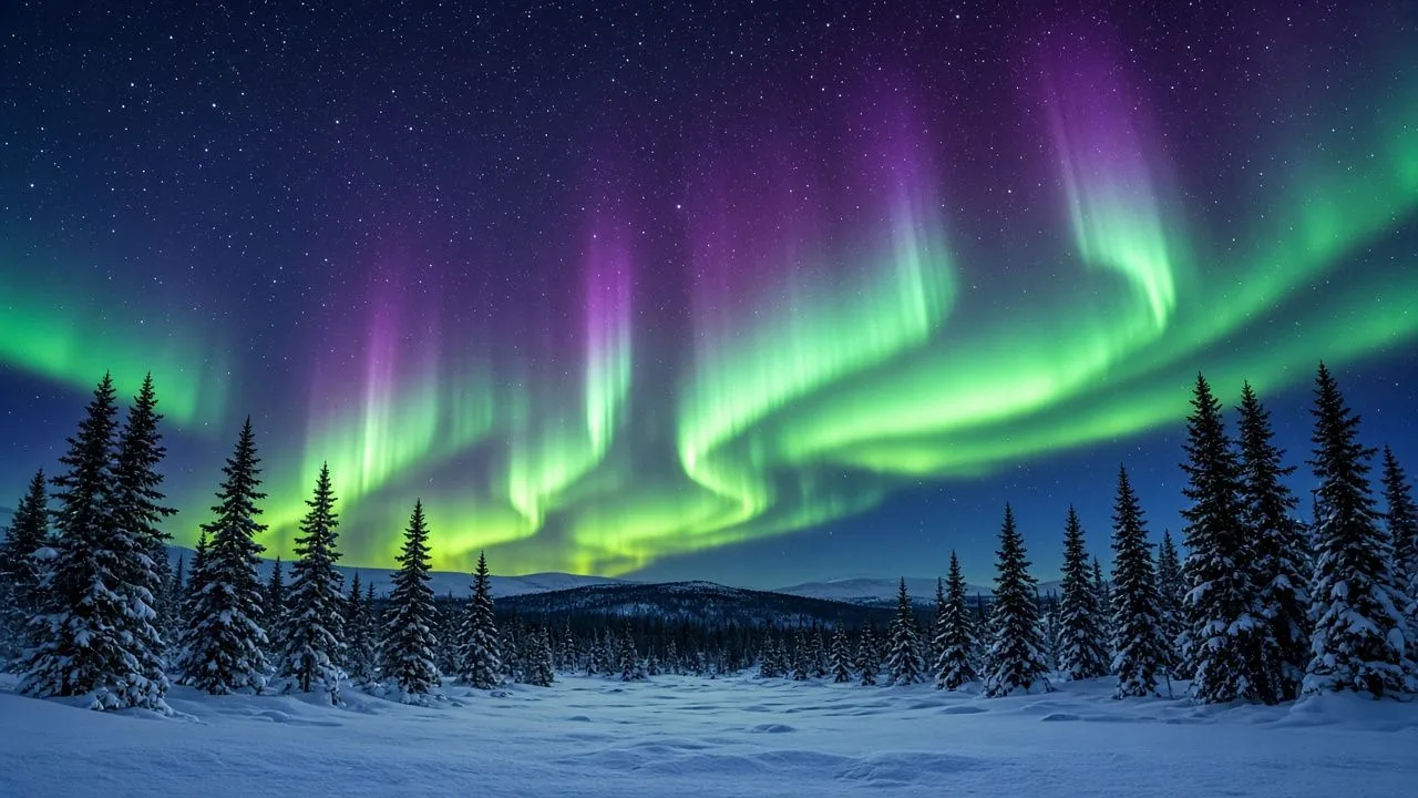 Northern lights. Green and violet aurora over a snowy forest.