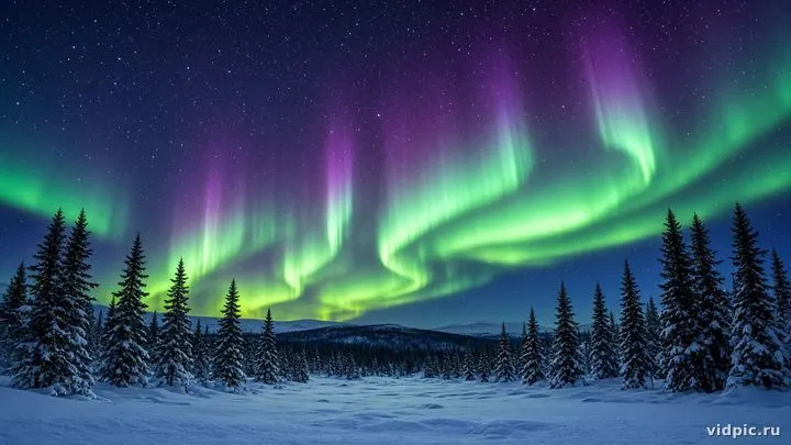 Green and violet aurora over a snowy forest.
