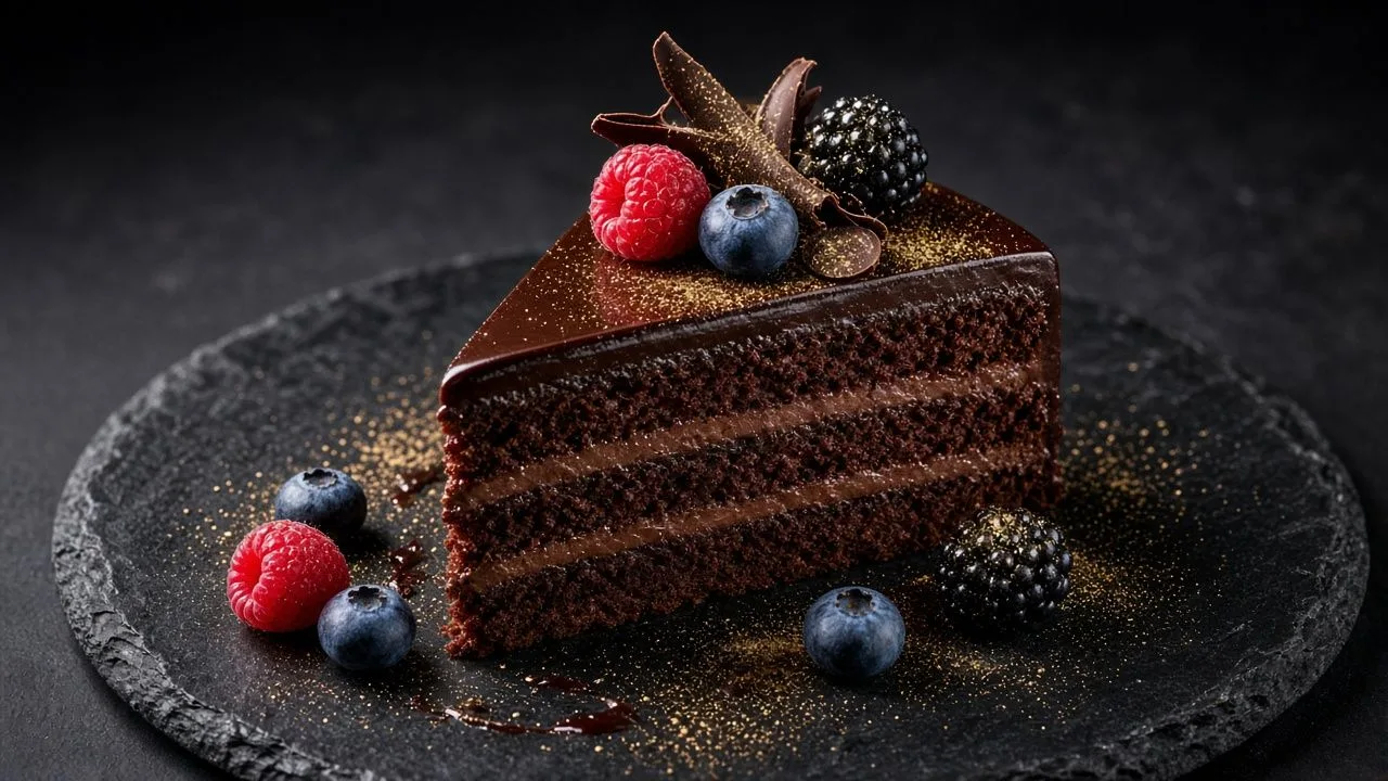 Chocolate dessert. A luxurious cake with berries on dark slate.