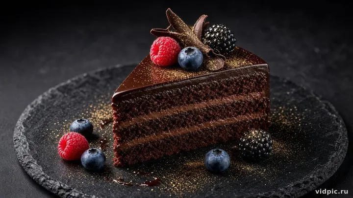A luxurious cake with berries on dark slate.